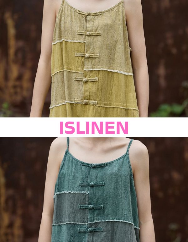 Two sleeveless tops, one yellow and one green, with 'ISLINEN' branding.