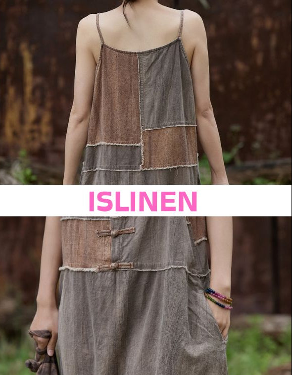 Women’s Casual Patchwork Sleeveless Linen Maxi Dress