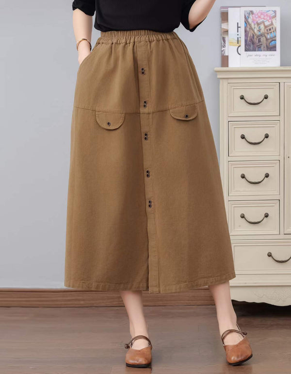 Women’s Button Front Midi Skirt – High Waist A-Line Casual Skirt