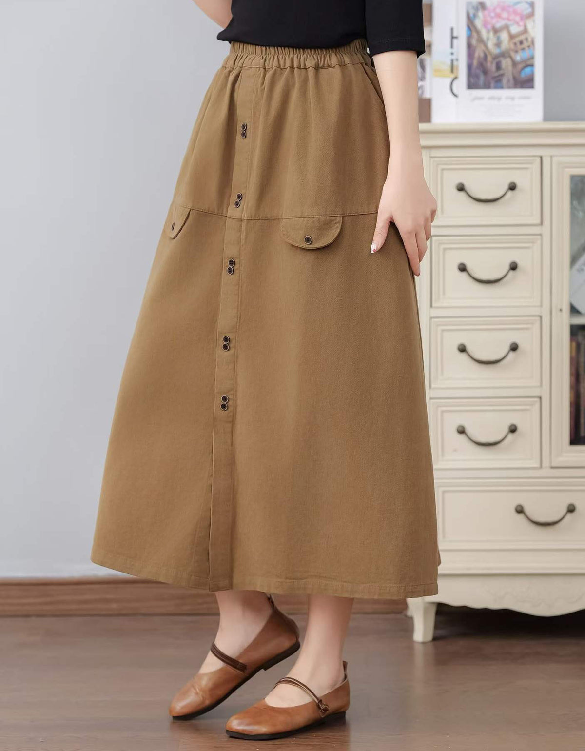 Women’s Button Down Midi Skirt – High Waist Casual A-Line Skirt