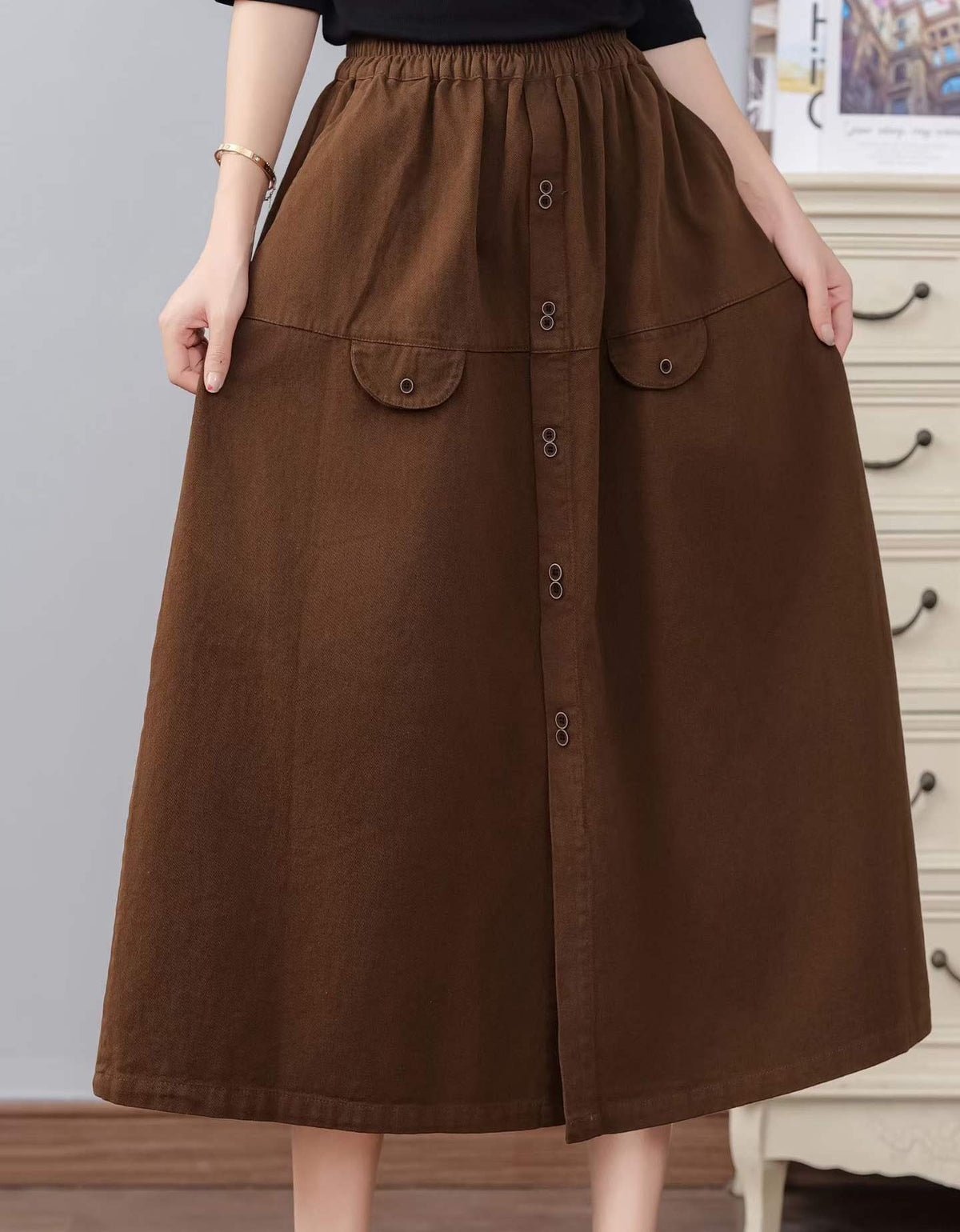 Women’s Casual A-Line Midi Skirt – High Waist Button Front Design