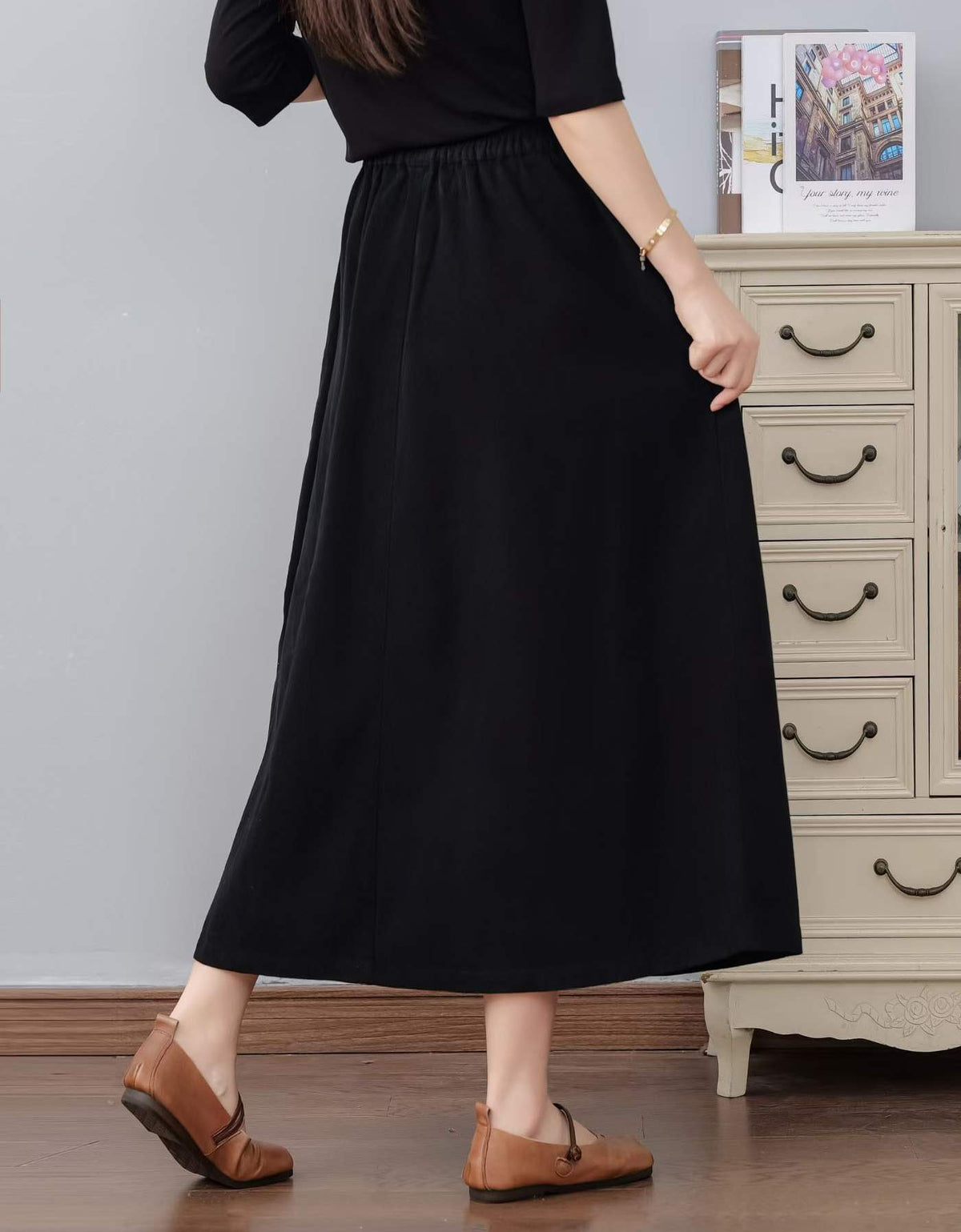 Women’s Relaxed A-Line Midi Skirt – Button Front High Waist Design