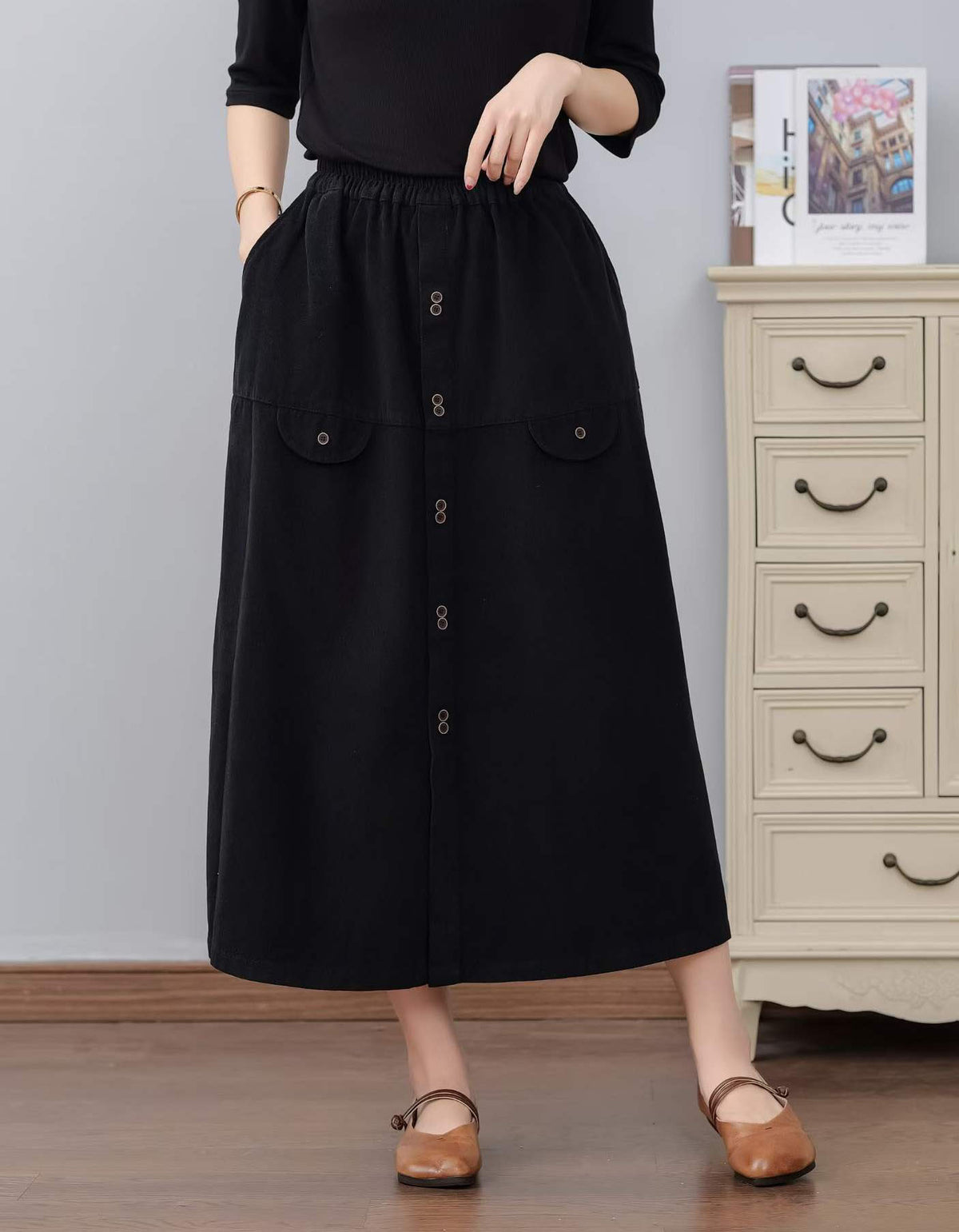 Women’s High Waist Button Front Midi Skirt – Casual A-Line Style