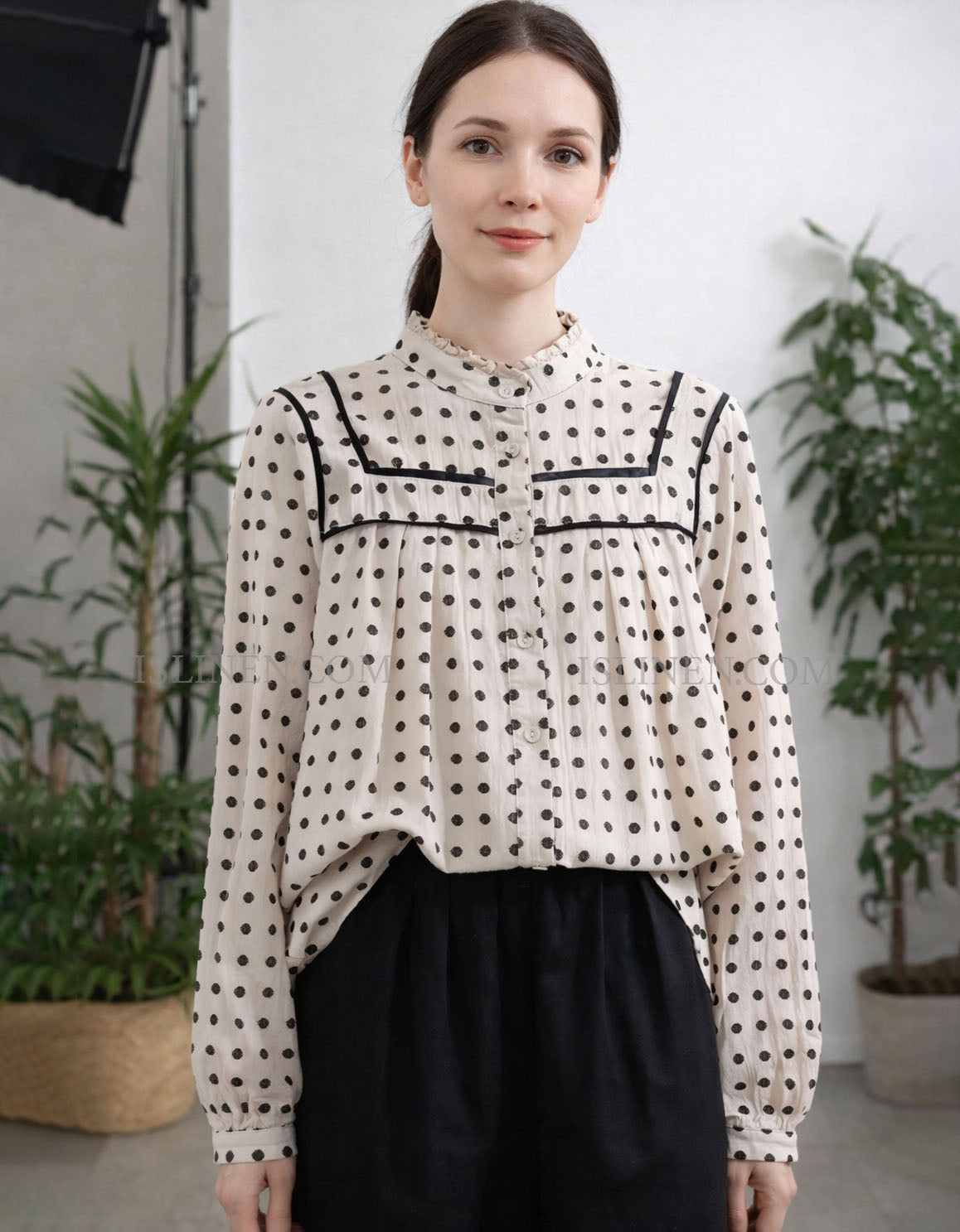 Women polka dot blouse button front pleated design top