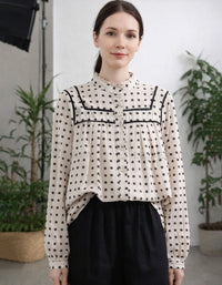 Women polka dot blouse button front pleated design top
