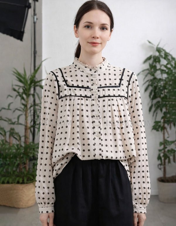 Women polka dot blouse button front pleated design top