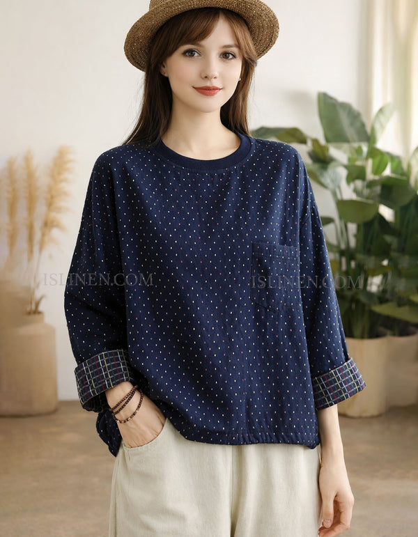 Women’s navy polka dot cotton blouse front view