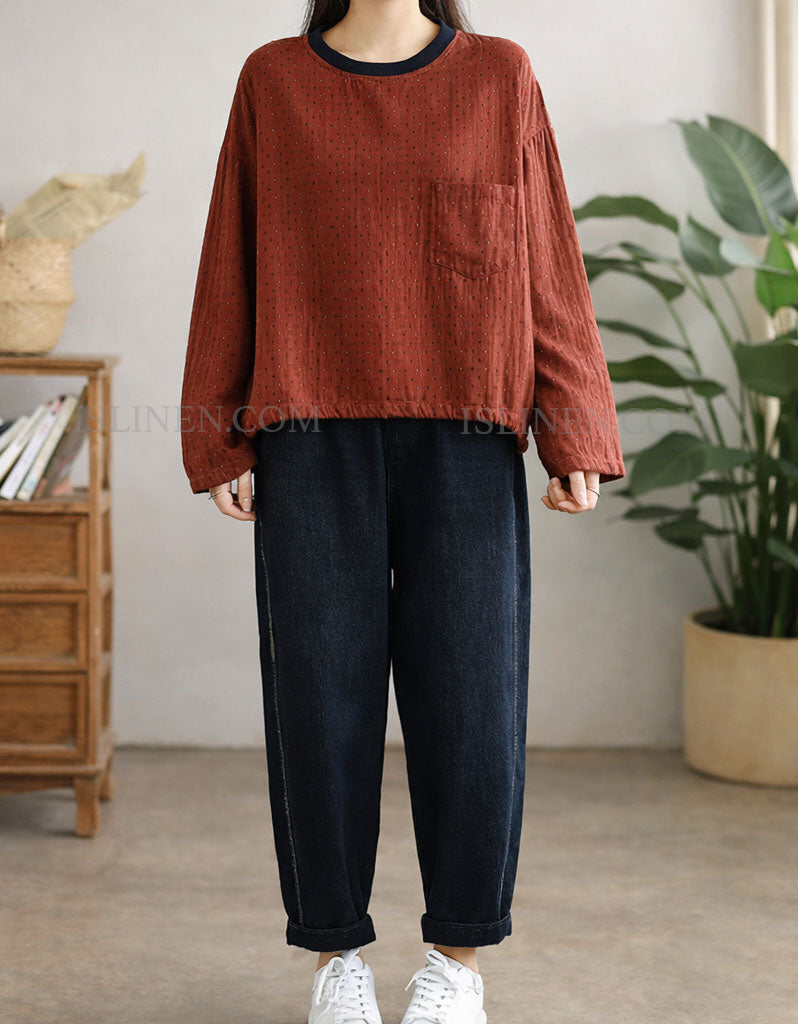 Women’s casual round neck polka dot blouse full view