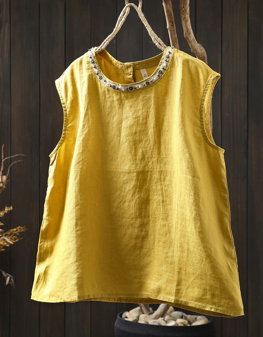 Women’s Casual Pure Color Linen Sleeveless Shirt