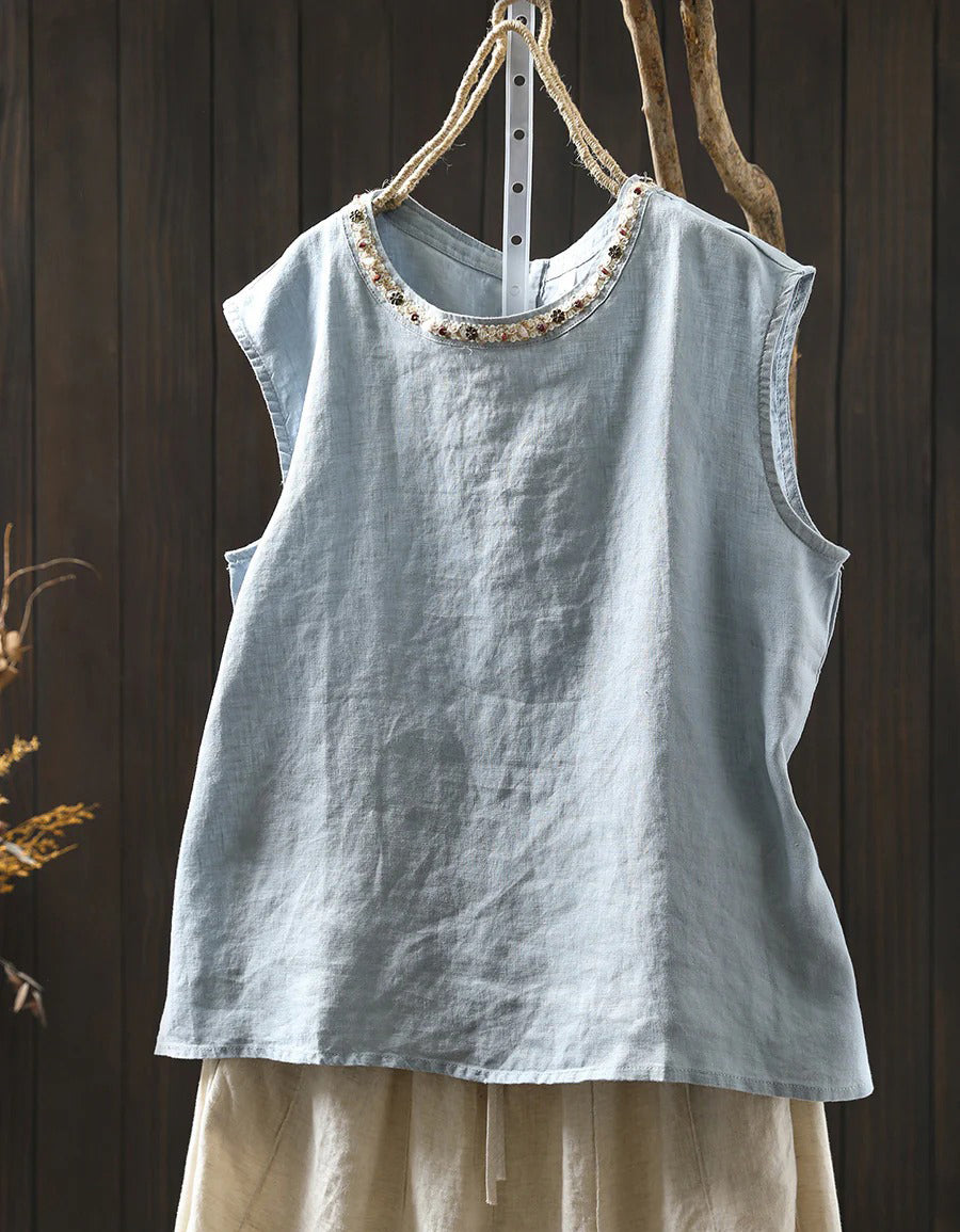 Women’s Casual Pure Color Linen Sleeveless Shirt