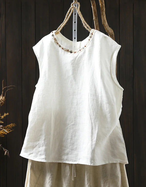 Women’s Casual Pure Color Linen Sleeveless Shirt