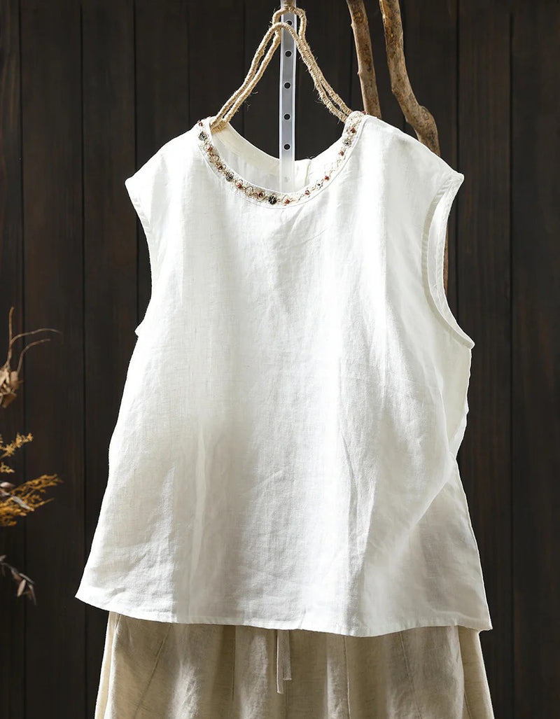 Women’s Casual Pure Color Linen Sleeveless Shirt