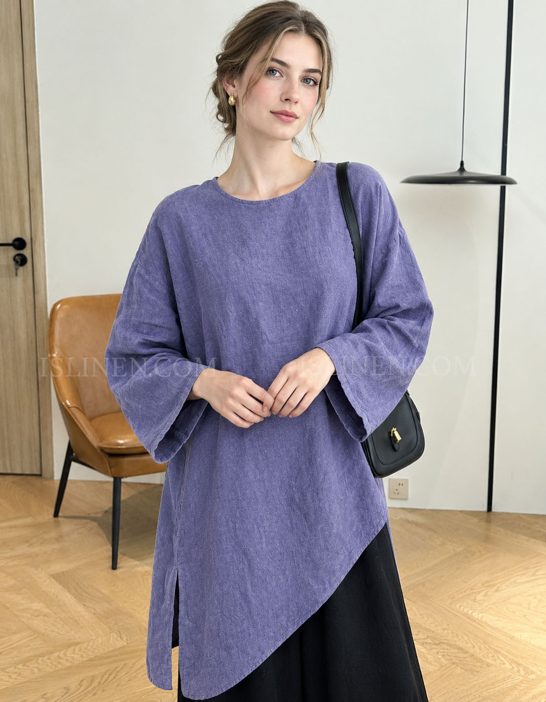 Women's purple loose linen tunic top with wide bell sleeves