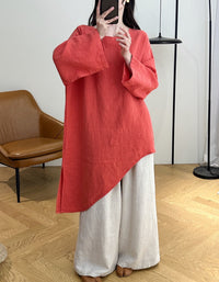 Full view of women's asymmetrical loose fit linen tunic blouse