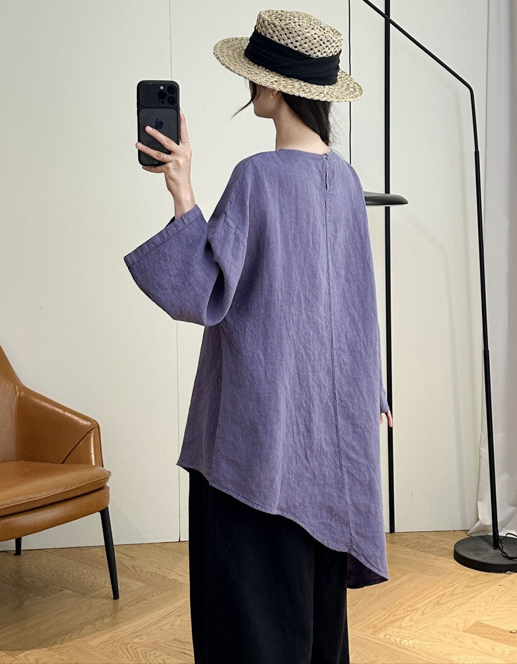 Women's Relaxed Linen Blouse with Wide Bell Sleeves