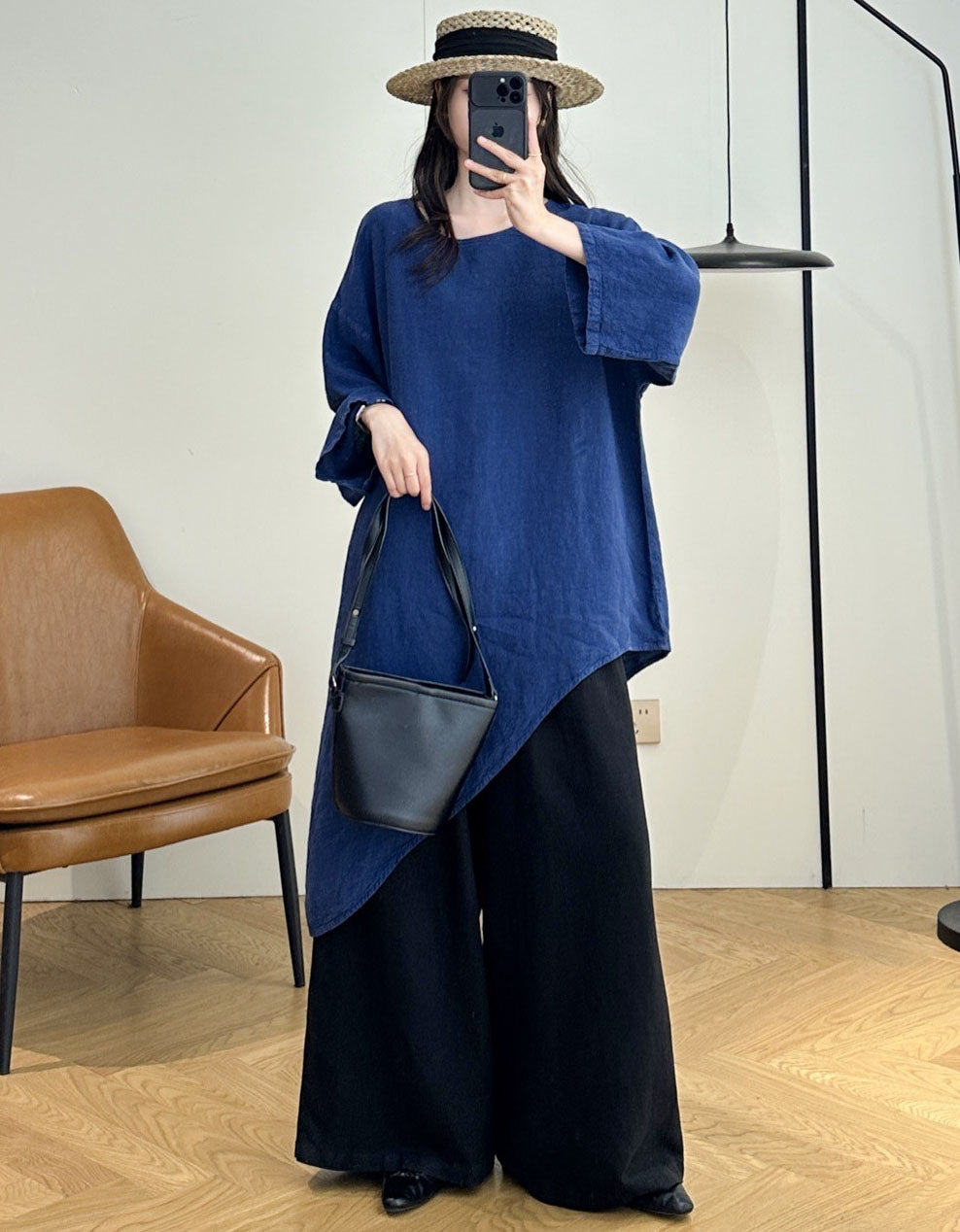 Women's relaxed fit linen tunic blouse with asymmetrical hem