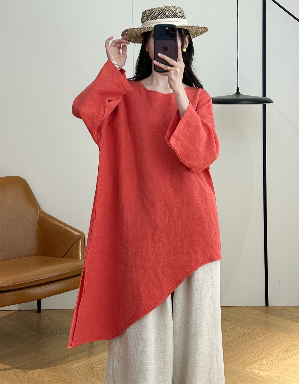 Women's Purple Loose Fit Linen Tunic Top