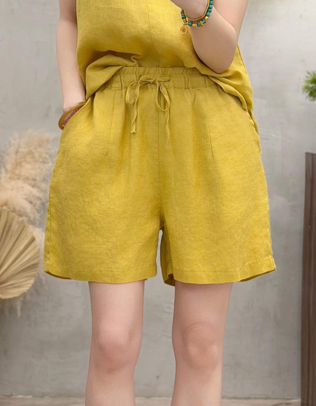 Women’s Mustard Linen Shorts with Drawstring Waist
