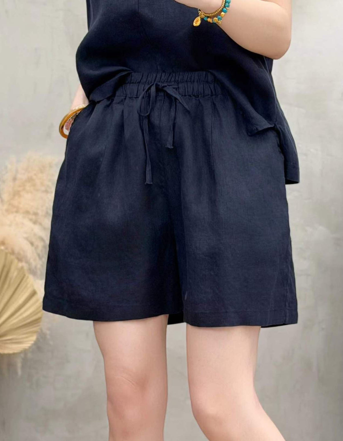 Mustard Yellow Elastic Waist Linen Shorts for Women