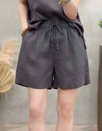 Breathable Mustard Linen Pull-On Shorts with Pockets