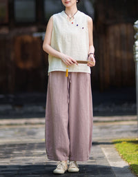 Women's High Waist Wide Leg Linen Pants with Elastic Drawstring Waist
