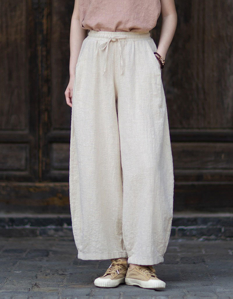 Women's Vintage Linen Palazzo Pants with Elastic Waist and Pockets