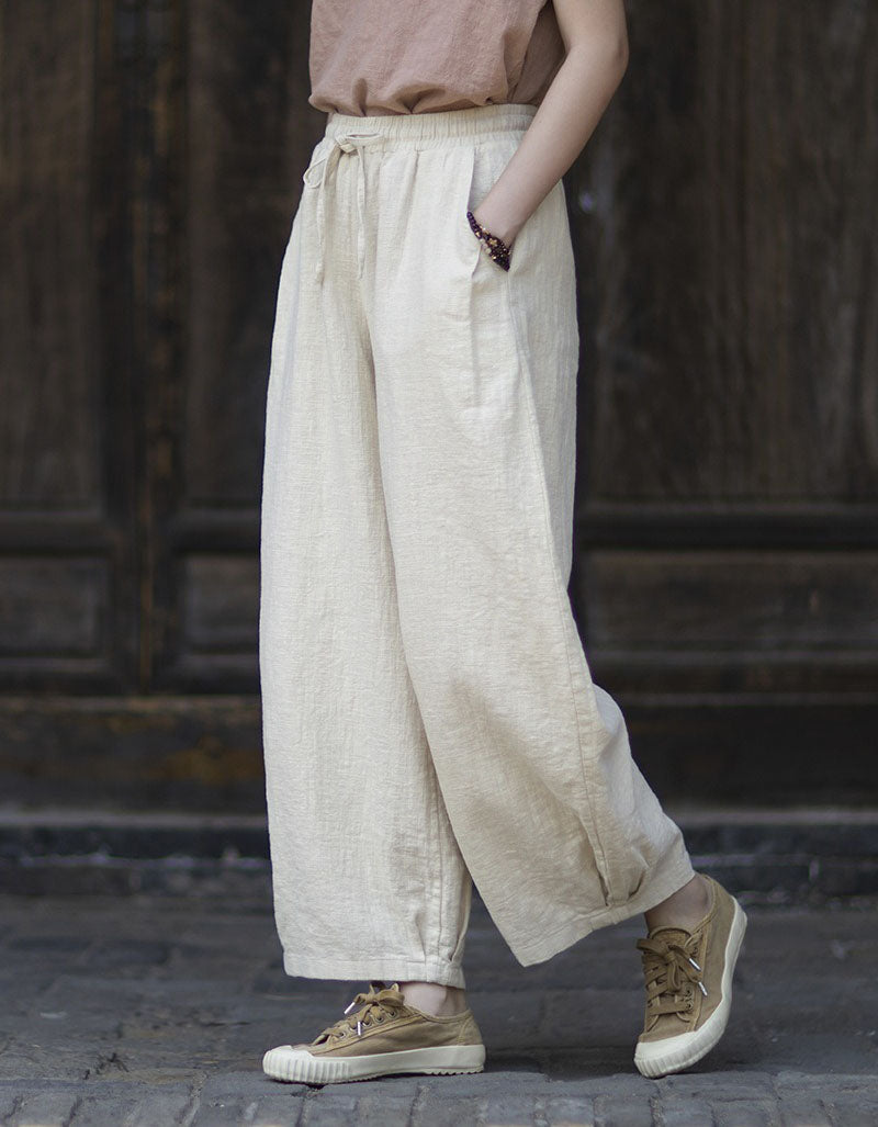 Women's Loose Linen Trousers with Elastic Waist and Side Pockets