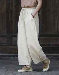 Women's Loose Linen Trousers with Elastic Waist and Side Pockets
