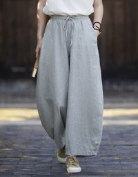 Women's Natural Linen Drawstring Wide Leg Summer Pants