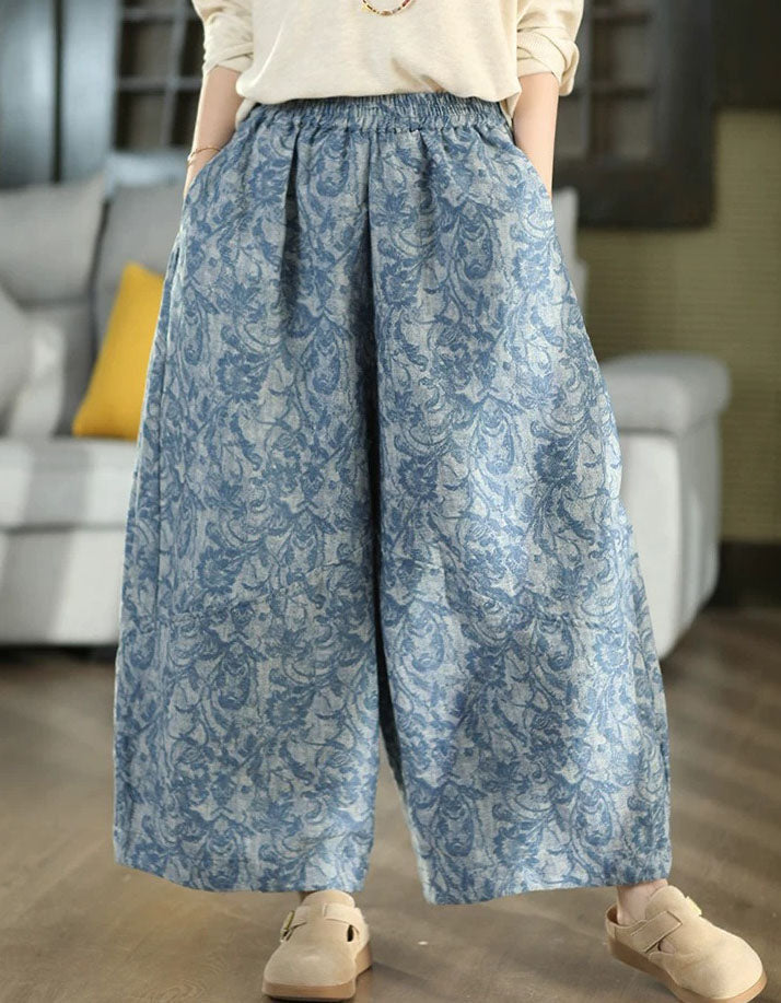 Women’s Blue Floral Wide Leg Palazzo Pants Vintage Style
