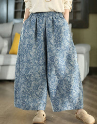 Women’s Blue Floral Wide Leg Palazzo Pants Vintage Style