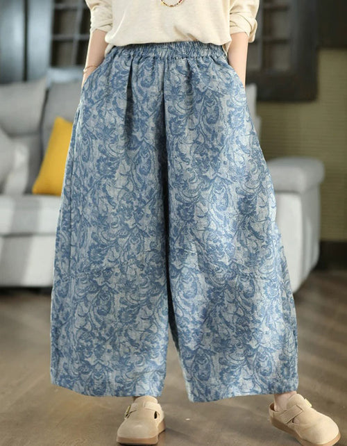 Women’s Blue Floral Wide Leg Palazzo Pants Vintage Style