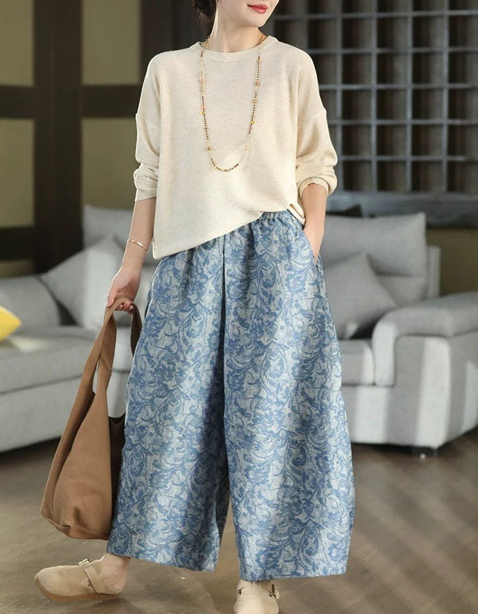Blue High Waist Wide Leg Pants Women Casual Summer Trousers