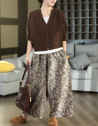 Women wearing blue printed wide leg pants with vintage floral pattern