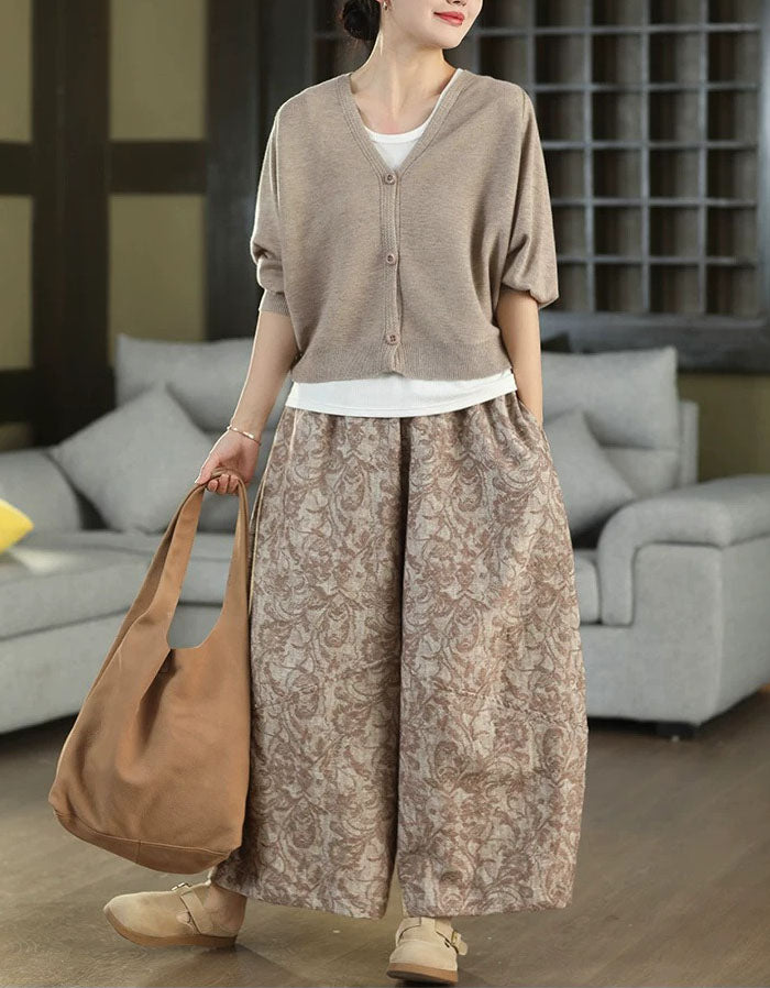 Vintage Blue Printed Linen Blend Wide Leg Pants Women