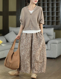Vintage Blue Printed Linen Blend Wide Leg Pants Women