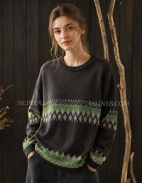 Women’s Geometric Knit Sweater – Black Green Crew Neck Pullover