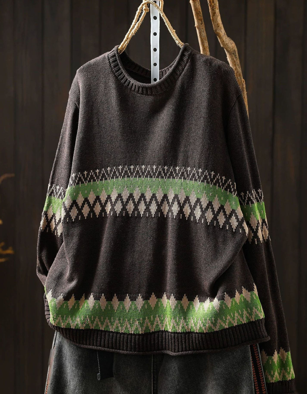 Green Black Patterned Knit Sweater – Women’s Crew Neck Pullover