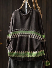 Green Black Patterned Knit Sweater – Women’s Crew Neck Pullover