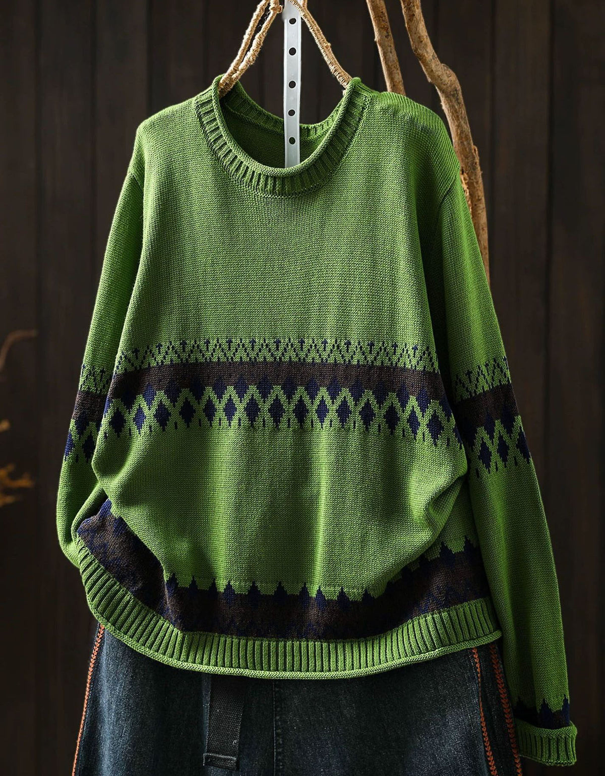 Women’s Vintage Geometric Knit Pullover – Black Green Sweater