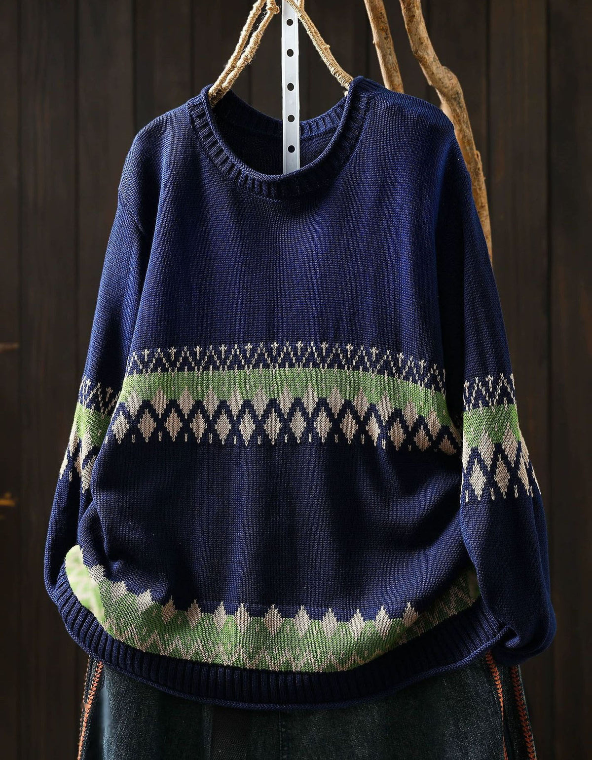 Women’s Black Knit Sweater with Green Geometric Pattern
