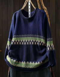 Women’s Black Knit Sweater with Green Geometric Pattern