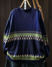Women’s Retro Geometric Sweater – Black Green Knit Pullover