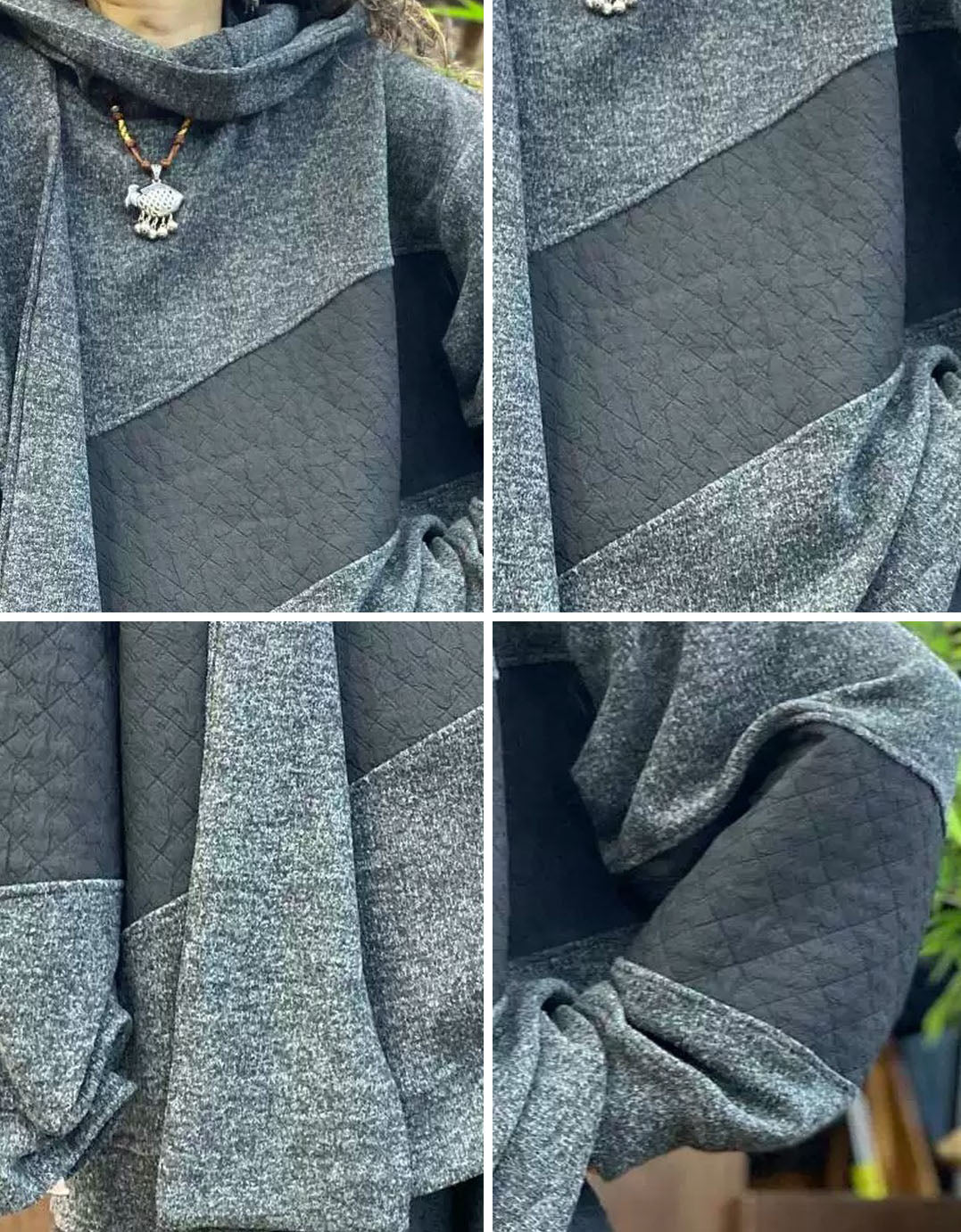 Close-up of the textured quilted panels on a charcoal gray women's patchwork hoodie