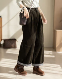 Dark Olive Green Retro Wide Leg Corduroy Pants for Women – Cuffed Hem