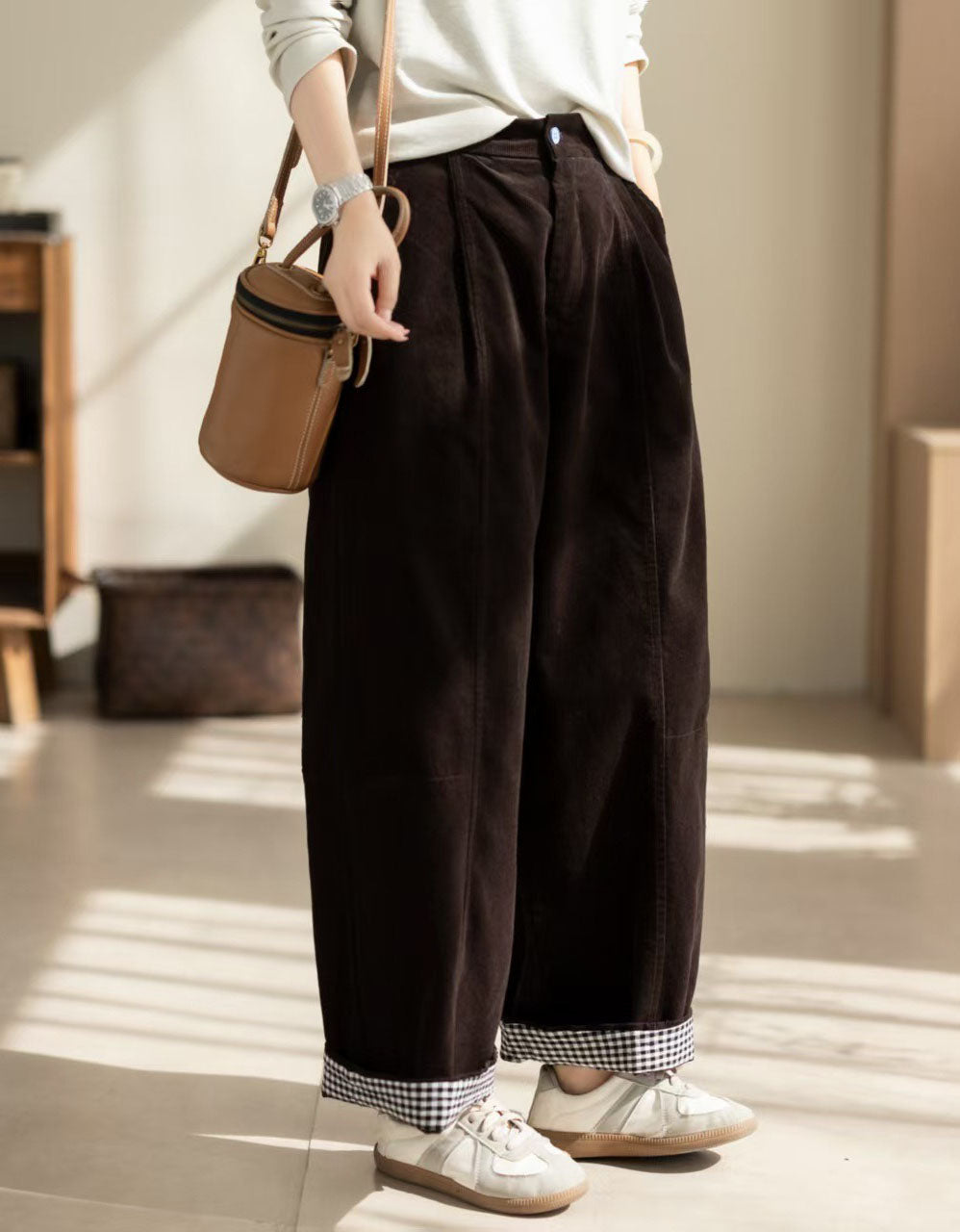 Brown Vintage Corduroy Barrel Pants Women | Gingham Cuff