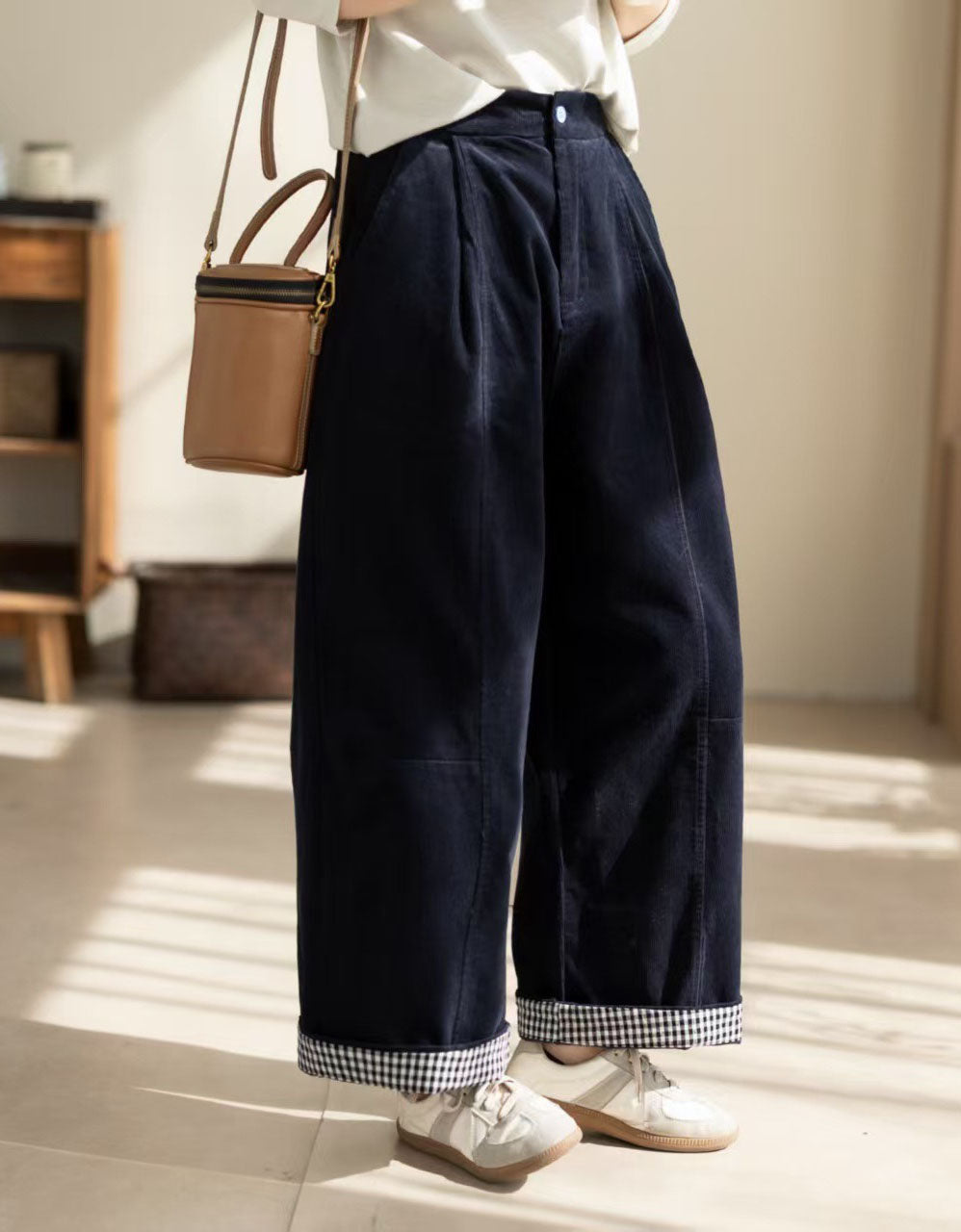 Retro Wide Leg Corduroy Pants for Women – Cuffed Hem