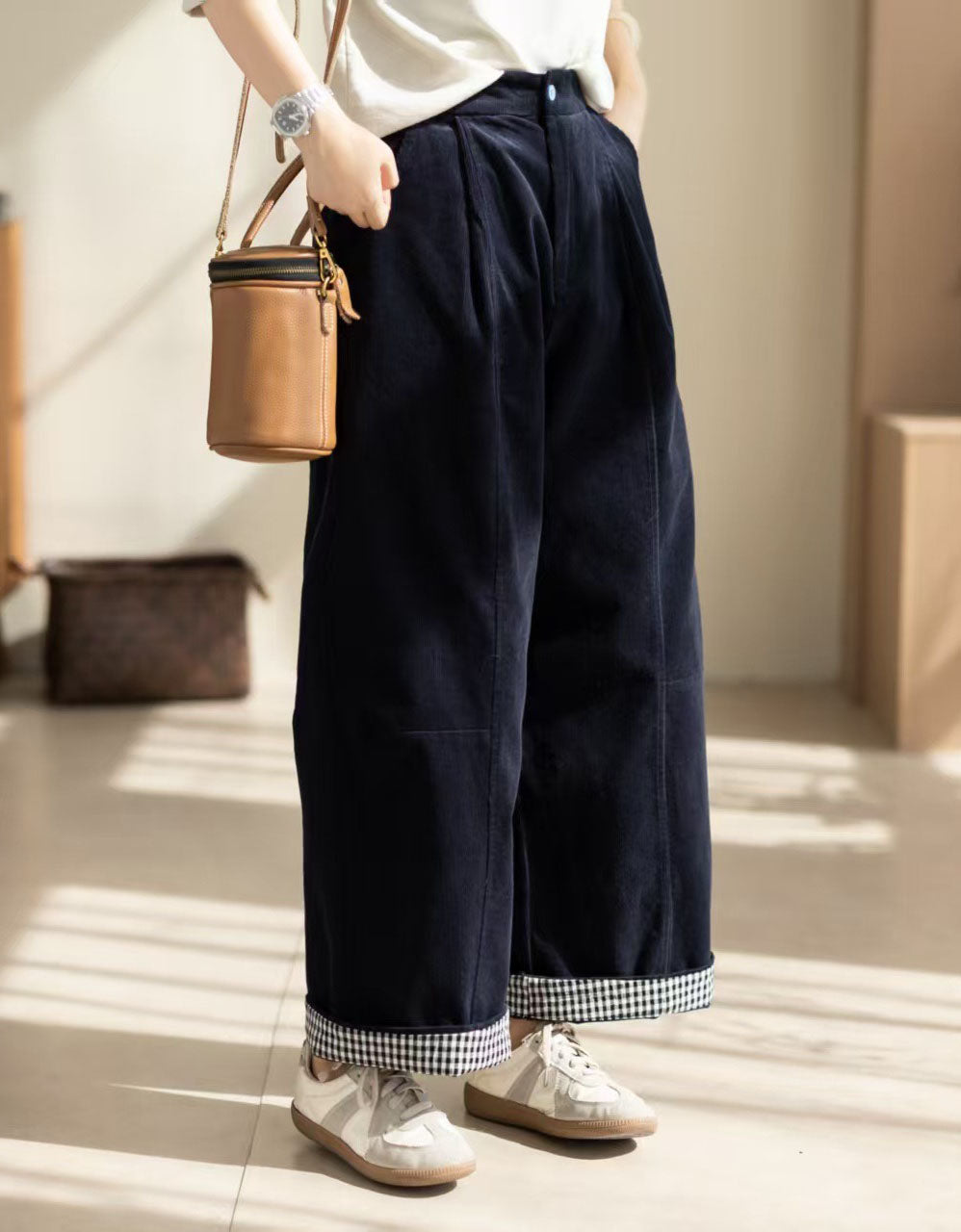 Navy Vintage Corduroy Barrel Pants Women | Gingham Cuff