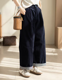 Navy Vintage Corduroy Barrel Pants Women | Gingham Cuff