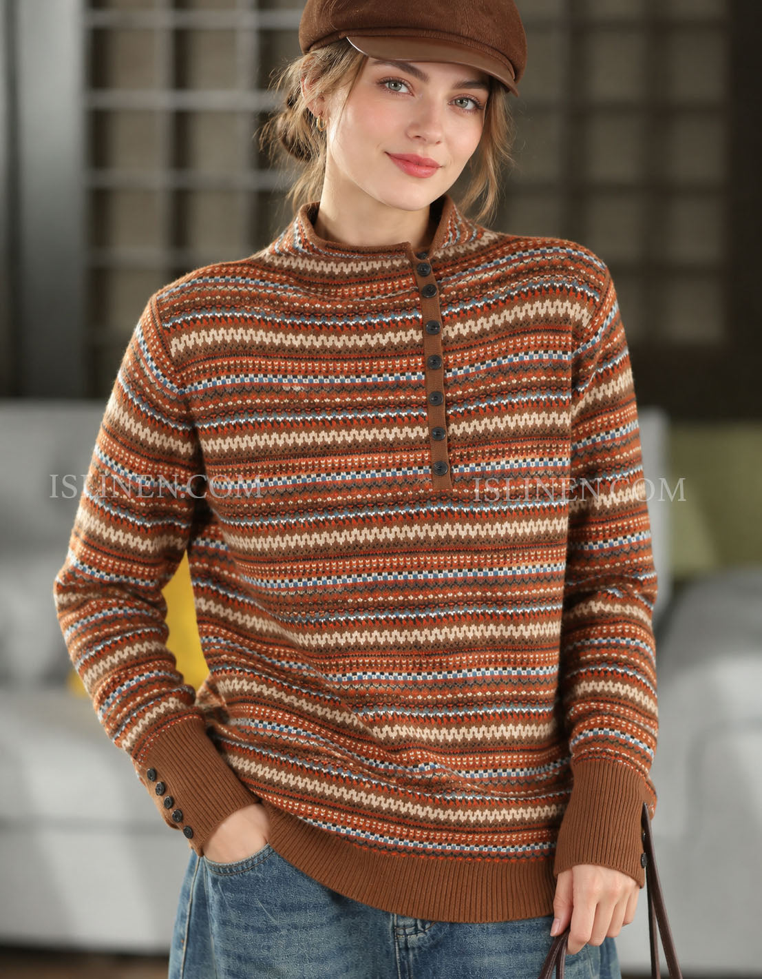 Women’s Vintage Striped Knit Sweater with Button Neck